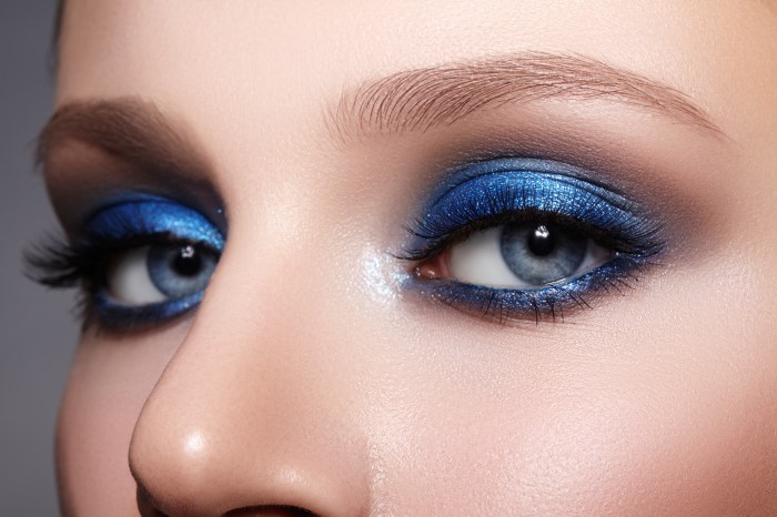 Closeup of woman's eyes with blue eyeshadow and liner
