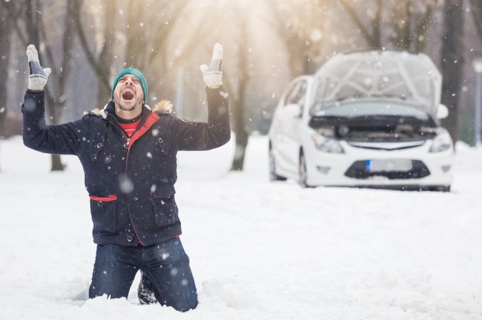 Man on knees in snowdrift screaming in front of a stalled car